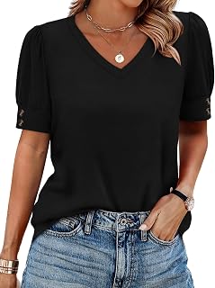 OFEEFAN Womens Tops Short Sleeve Shirts Buttons V Neck Spring Fashion Summer Outfits Plus Size Blouses Dressy Casual