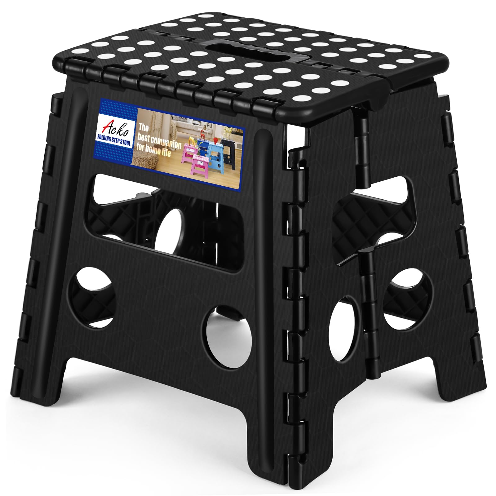 ACKO Folding Step Stool 13 Inch, Non-Slip, 300 lbs, Black | Lightweight Plastic 