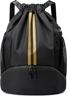 JELUTAR Drawstring Backpack Gym Bag with Shoes Pocket, Black Gold