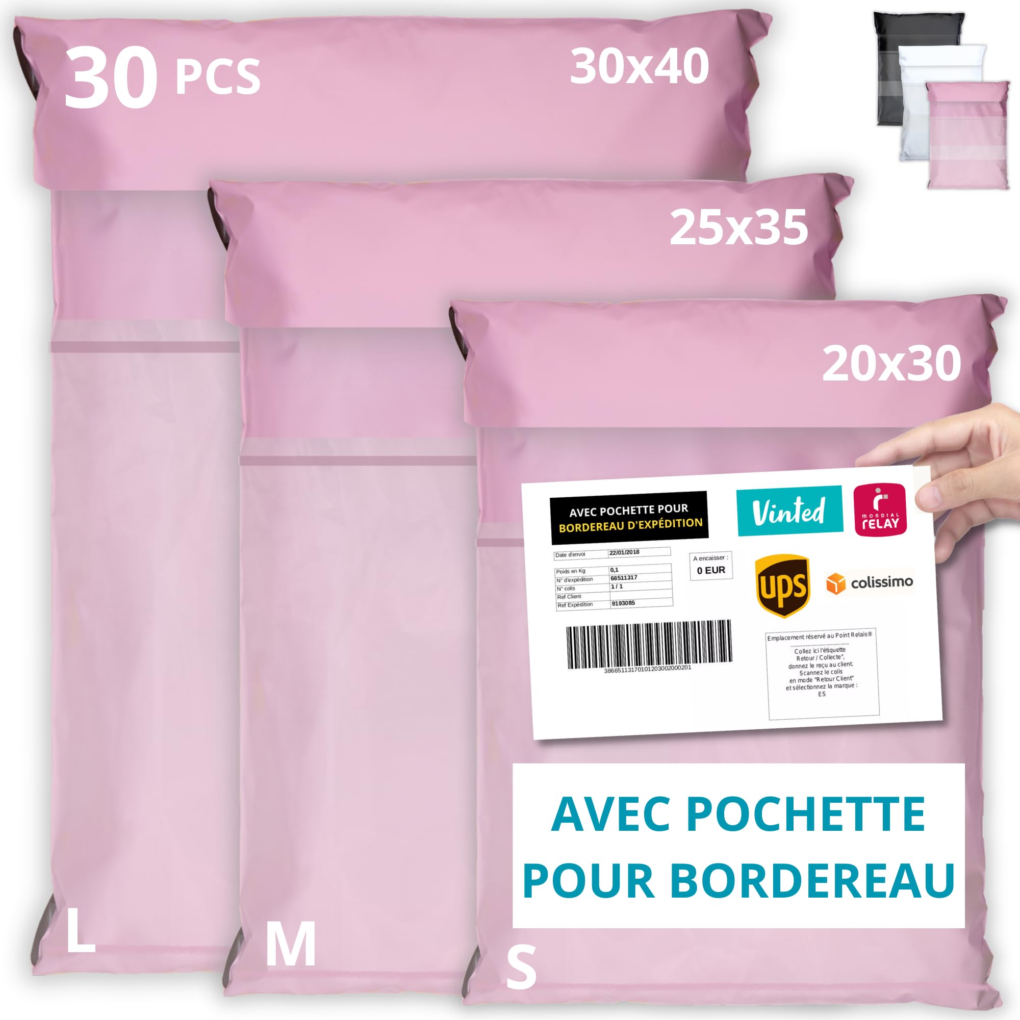 EMBALLAX - 30 Vinted Packages with Slip Pouch - Size S/M/L - Durable, Opaque, Wa