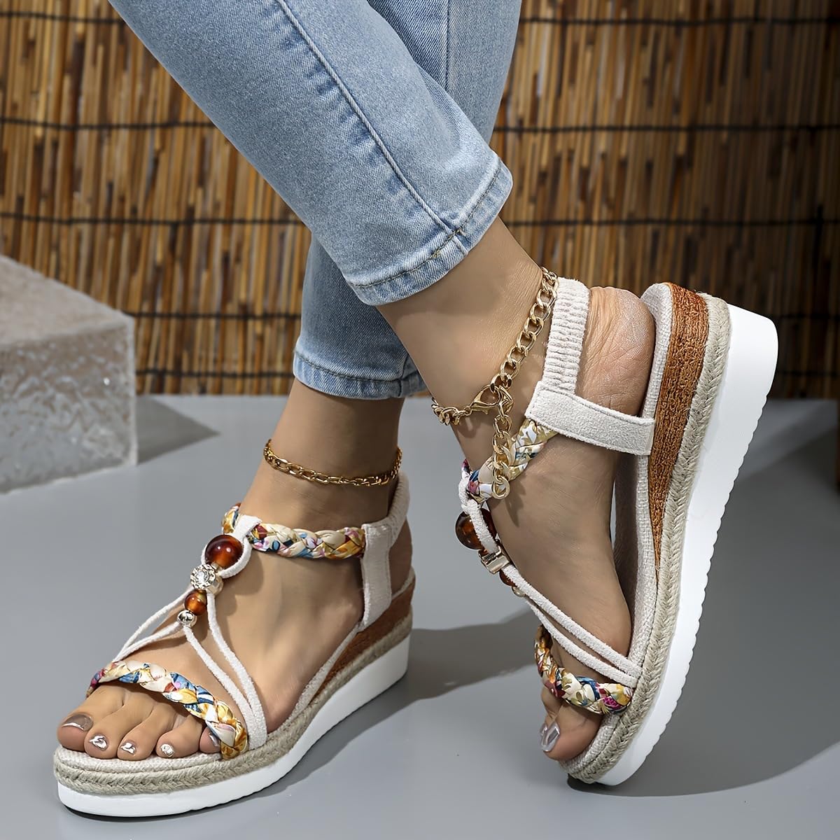 Women's Bohemian Beaded Platform Sandals Elastic Ankle Strap Espadrille Wedges S