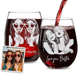 Personalized Besties Portrait Wine Glass, BFF Gifts for Women, Custom Photo and Name, 15oz Stemless Wine Glass, Soul Sister Present, Gifts for Besties, Sister, Family, Friend, Bridesmaids