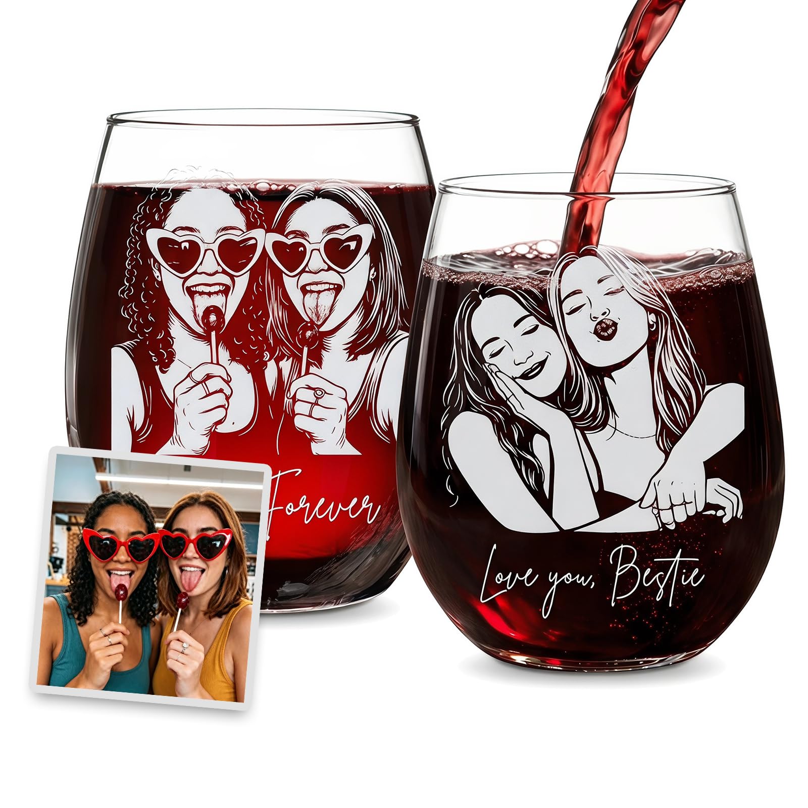 Personalized Besties Portrait Wine Glass, BFF Gifts for Women, Custom Photo and 