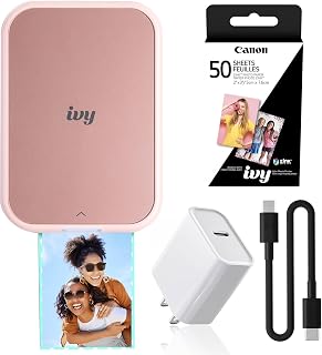 Canon Ivy 2 Mini Photo Printer (5452C017) Bundle | For iOS & Android, ZINK 2x3 Sticky-Back Photo Prints, Compact Travel Size | Bluetooth | 50 Sheets + More