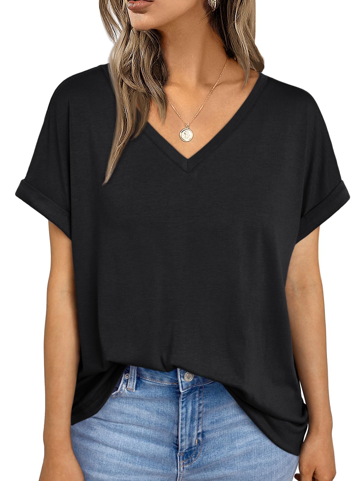 Womens Short Sleeve T Shirts Loose Casual Basic V Neck Summer Tops