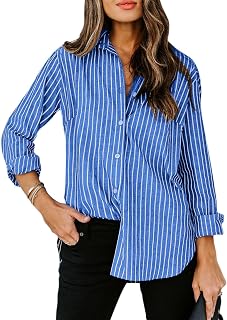 siliteelon Striped Button Down Shirts Women Cotton Long Sleeve Work Blouses