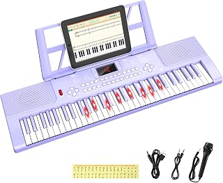 61 Key Keyboard Piano, Kids Piano with Mic, Stand & Piano Note Stickers | Portable Digital Pianos Music Keyboard with LED Light, Piano Note Stickers, Best Gift for Boys Girls Ages 3-12(Purple)