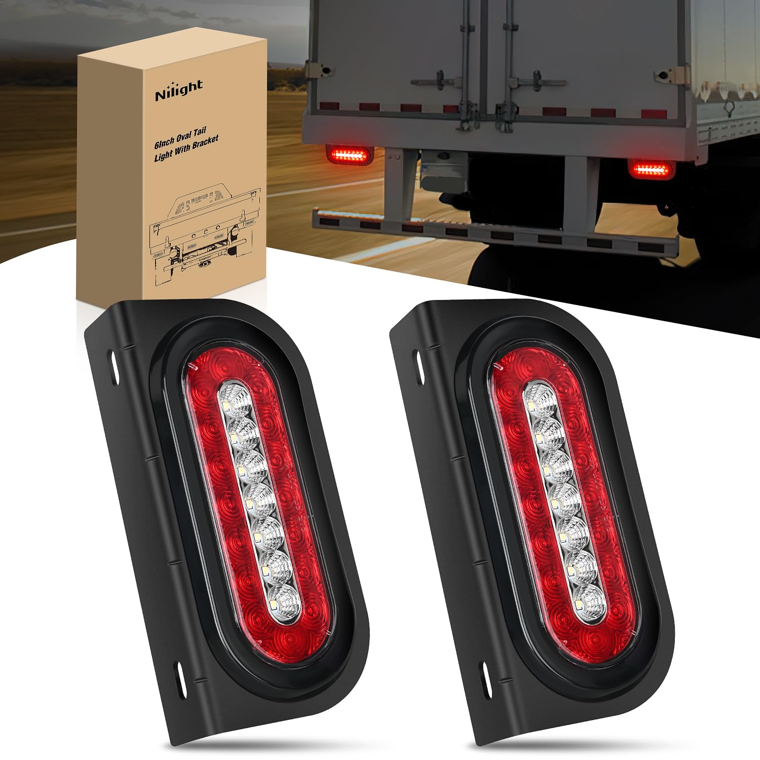 Nilight 6Inch Oval Trailer Tail Light 2PCS Red Brake Stop Turn White Reverse Bac