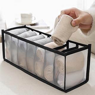 Underwear Storage Organizer, Foldable Drawer Divider 7 Compartments for Home, Closet and Travel, Mesh Fabric Underwear Organizer Box (Black)