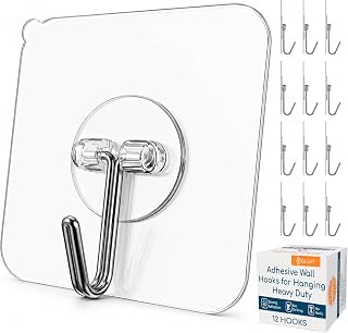 GLUIT Adhesive Wall Hooks for Hanging Heavy Duty No Drill, 22 lbs, 12 pcs | GLUIT Adhesive Hooks for Hanging, Transparent, Waterproof, Sticky Towel Hook for Bathroom, Kitchen, Home, Office, Outdoor