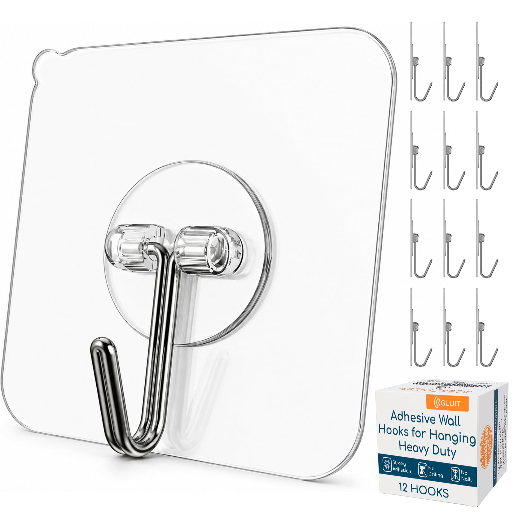GLUIT Adhesive Wall Hooks for Hanging Heavy Duty No Drill, 22 lbs, 12 pcs | GLUI