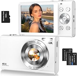 Digital Camera,Autofocus 4K 48MP Vlogging Camera for Photography,32GB Card | Portable Compact Point and Shoot Digital Camera for Teens Adult Beginner with 16X Zoom,Anti-Shake,2 Batteries(White)