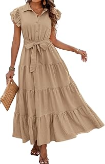 dowerme Women Ruffle Sleeve Button Belted Boho Maxi Dress