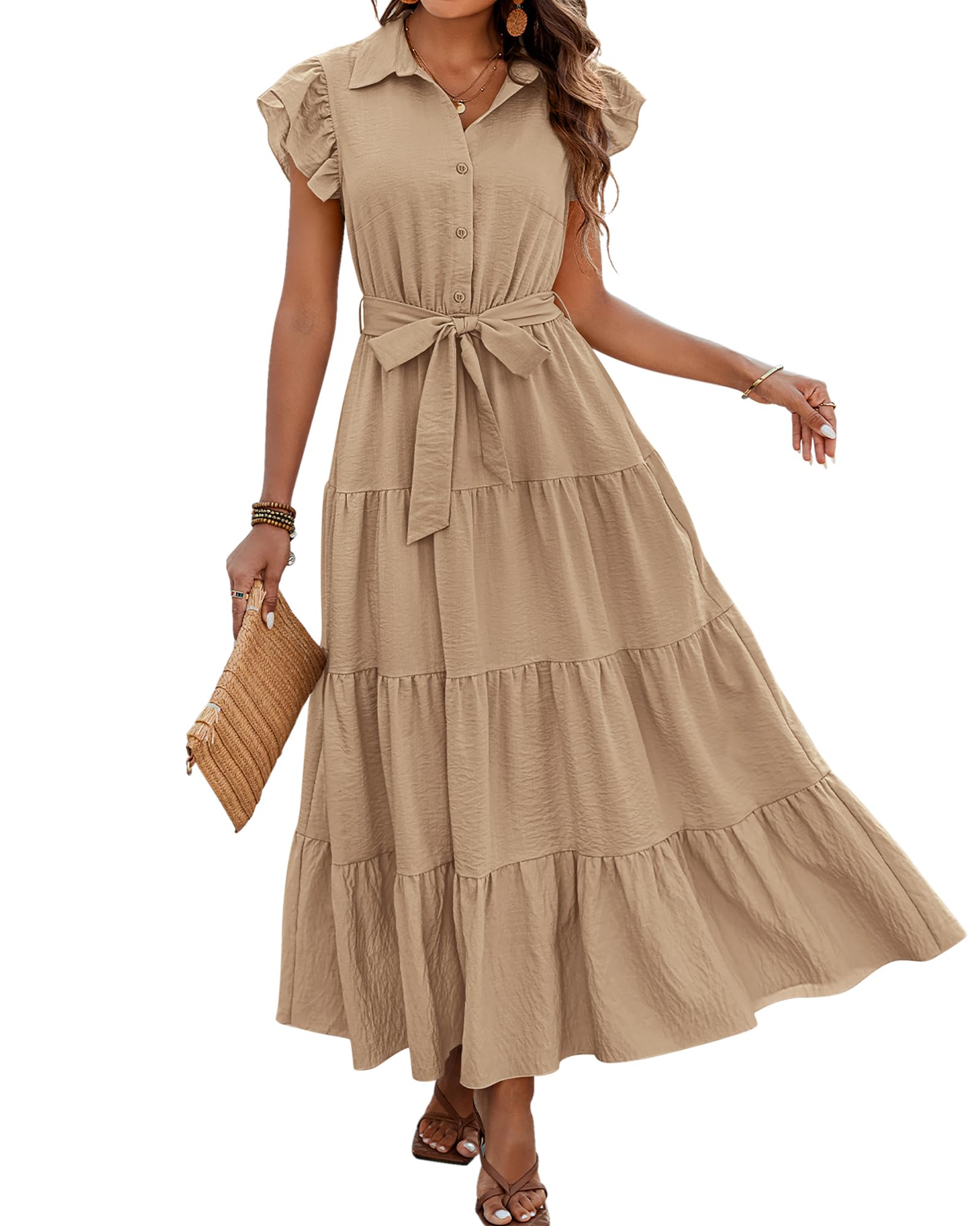 dowerme Women Ruffle Sleeve Button Belted Boho Maxi Dress
