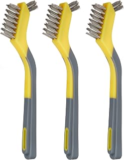 Amazon Basics Stainless Steel Mini Wire Brushes for Paint Removal, Rust Removal, Crevice Cleaning, Soft Grip Ergonomic Handle, 3-Pack, Grey/Yellow
