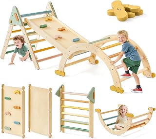 Tiny Land Pikler Triangle Set,7-in-1 Foldable Montessori Climbing Toys | Indoor Wooden Playground Jungle Gym for Kids, Climber Gift for Boys & Girls Toddler Climbing Toys (Morandi)