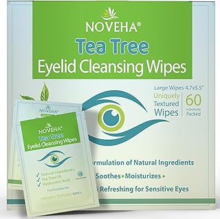 NOVEHA 60PCs Tea Tree Oil Eyelid &amp; Lash Wipes | With Hyaluronic Acid, Green Tea &amp; Chamomile, Individually Wrapped, Natural Eyelash Makeup Remover &amp; Daily Cleanser