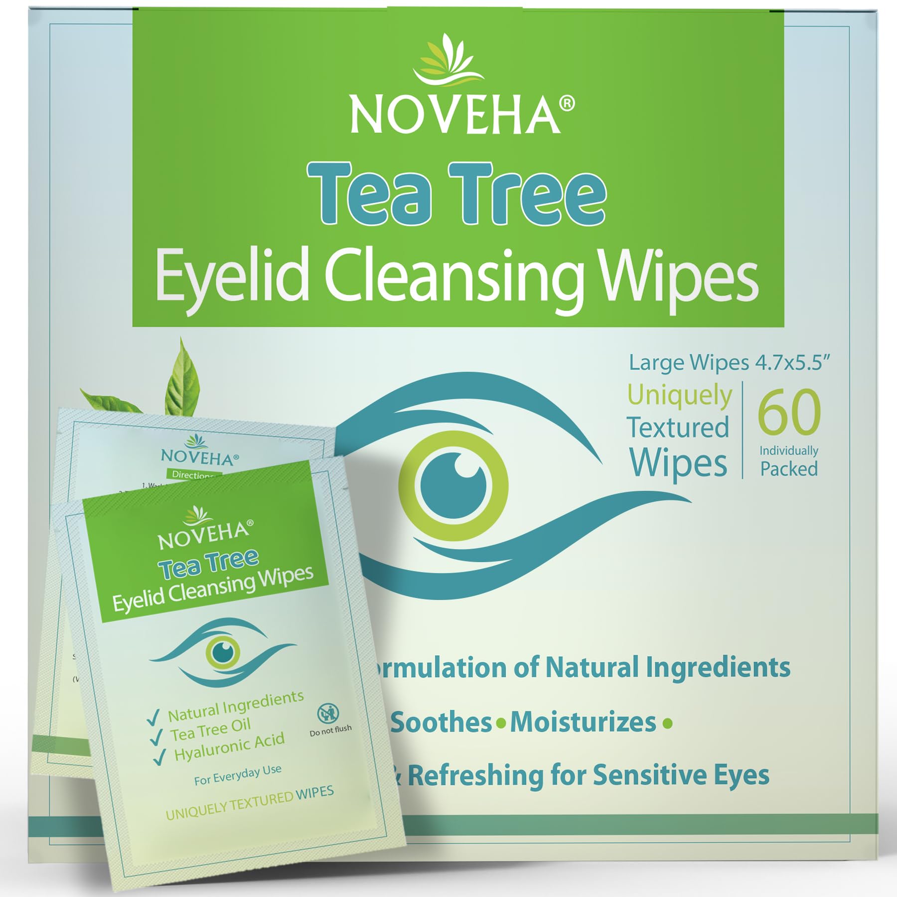 NOVEHA 60PCs Tea Tree Oil Eyelid &amp; Lash Wipes | With Hyaluronic Acid, Green 