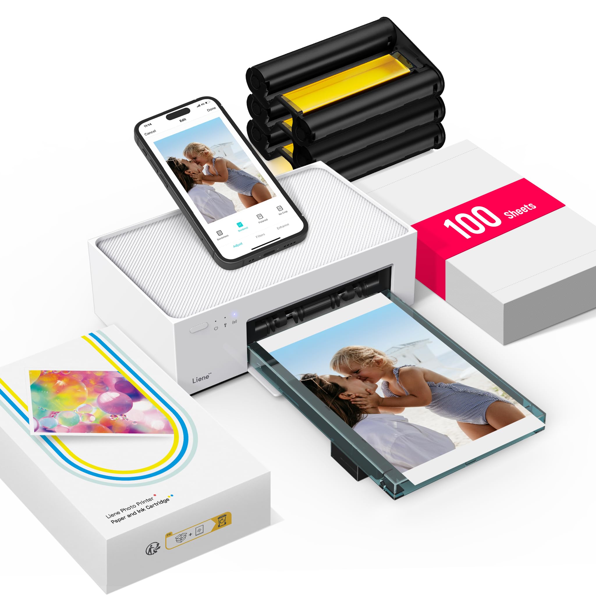 Liene M100 4x6'' Photo Printer, Phone Printer 100 Sheets & 3 Cartridges, Full-Co