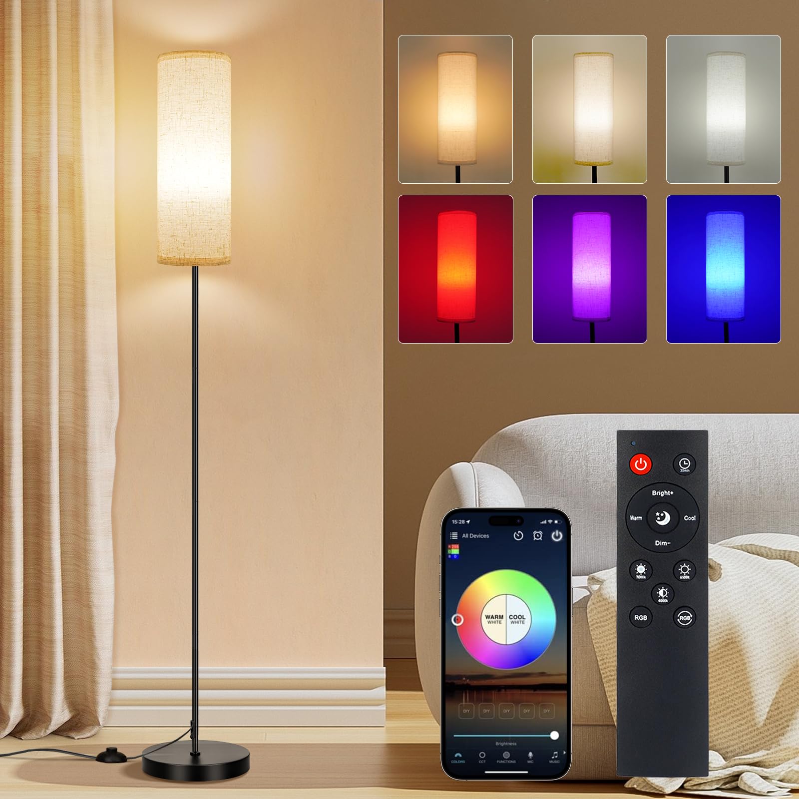 FRIDEKO HOME Floor Lamp, 9W 800LM Color Changing Smart Bulb, Beige Shade | Music