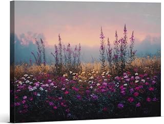 Vintage Purple Floral Wall Art Print - Wildflower Field Canvas Poster Painting - Cottagecore Wall Decor for Farmhouse Home Living Room 8x10 Inch Framed