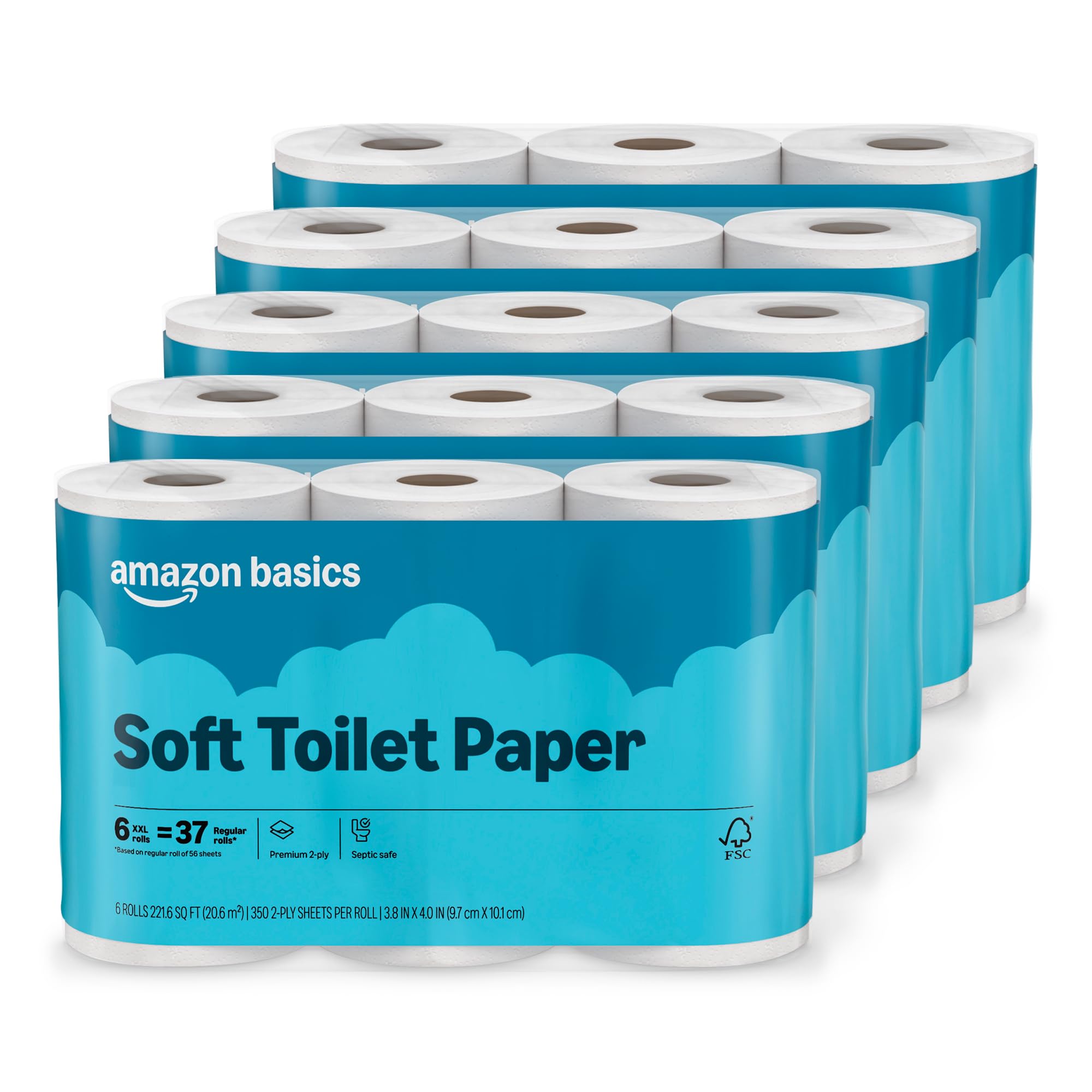 Amazon Basics 2-Ply Soft Toilet Paper, 30 Rolls (5 Packs of 6), 350 Sheets per R