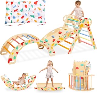WINGYZ Pikler Triangle Set, Montessori 8-in-1 Climbing Set with Cushion | Wood Jungle Gym for 18M-5Y, Foldable, Reversible Animal Slide, Patent-Protected, 2.35in Gap, ASTM F963, Rainbow