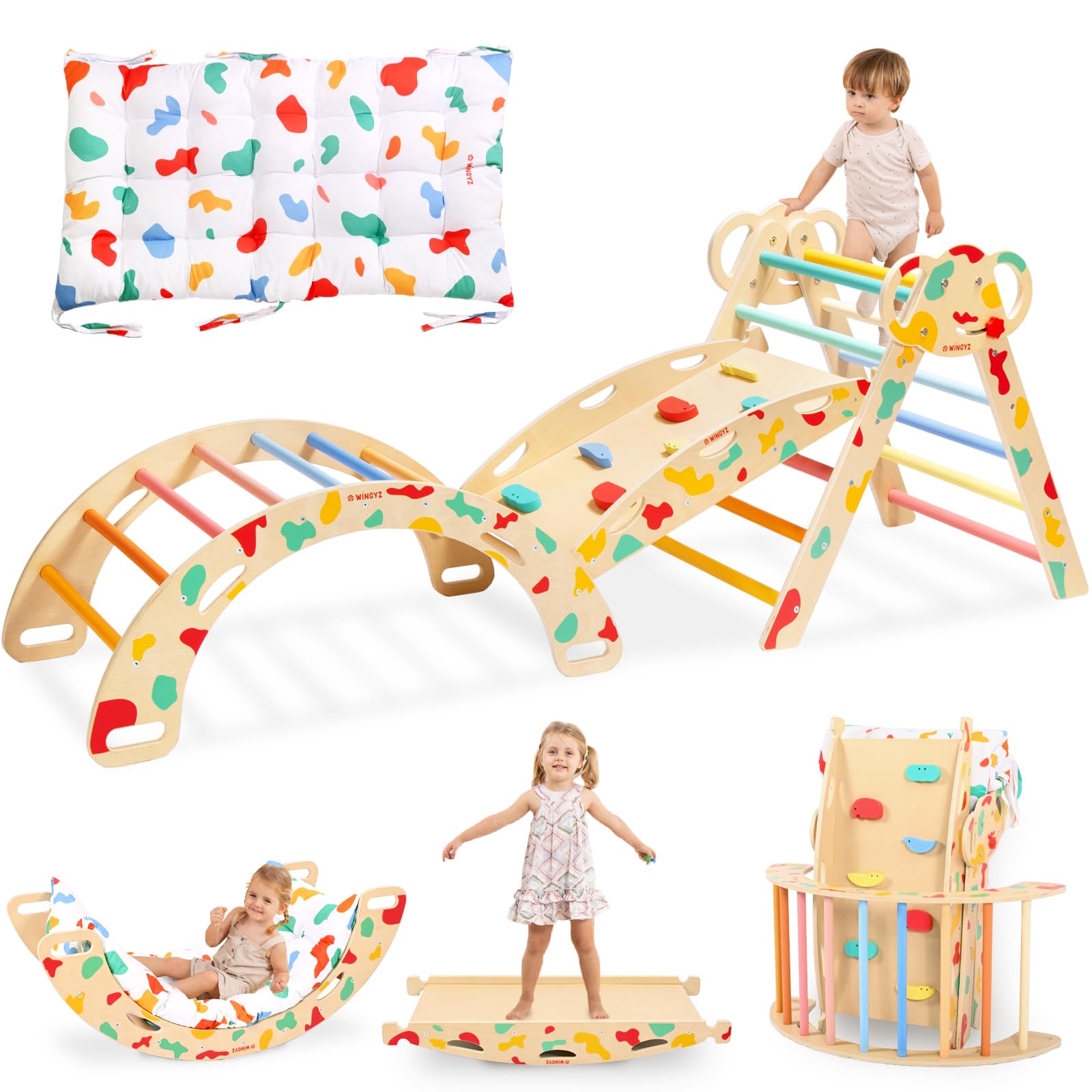 WINGYZ Pikler Triangle Set, Montessori 8-in-1 Climbing Set with Cushion | Wood J