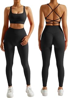 RXRXCOCO Ribbed Workout Sets for Women 2 Pieces Backless Strap Sports Bra Seamless Leggings Matching Set Yoga Outfits