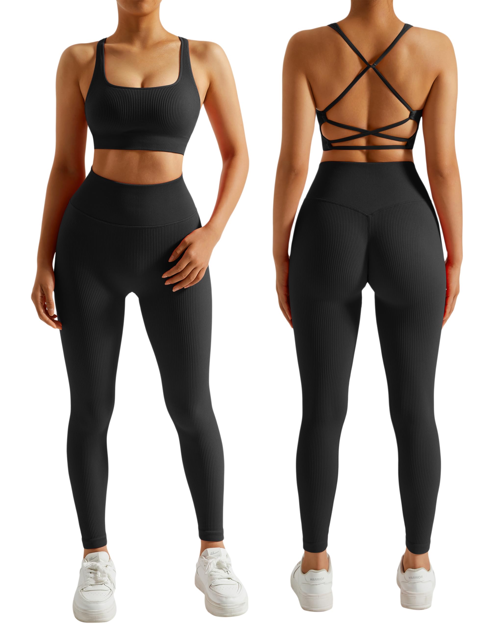RXRXCOCO Ribbed Workout Sets for Women 2 Pieces Backless Strap Sports Bra Seamle