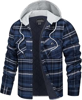 TACVASEN Men's Hooded Plaid Flannel Shacket Quilted Lined Warm Jacket