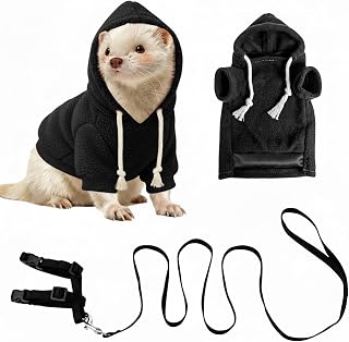 Ferret Clothes and Leash Set, Warm Hoodie Sweater with Harness and Leash for Outdoor Walking, Cozy Wear for Ferrets, Chinchillas, Small Pets, Adjustable Small Pet Outfits (Black)