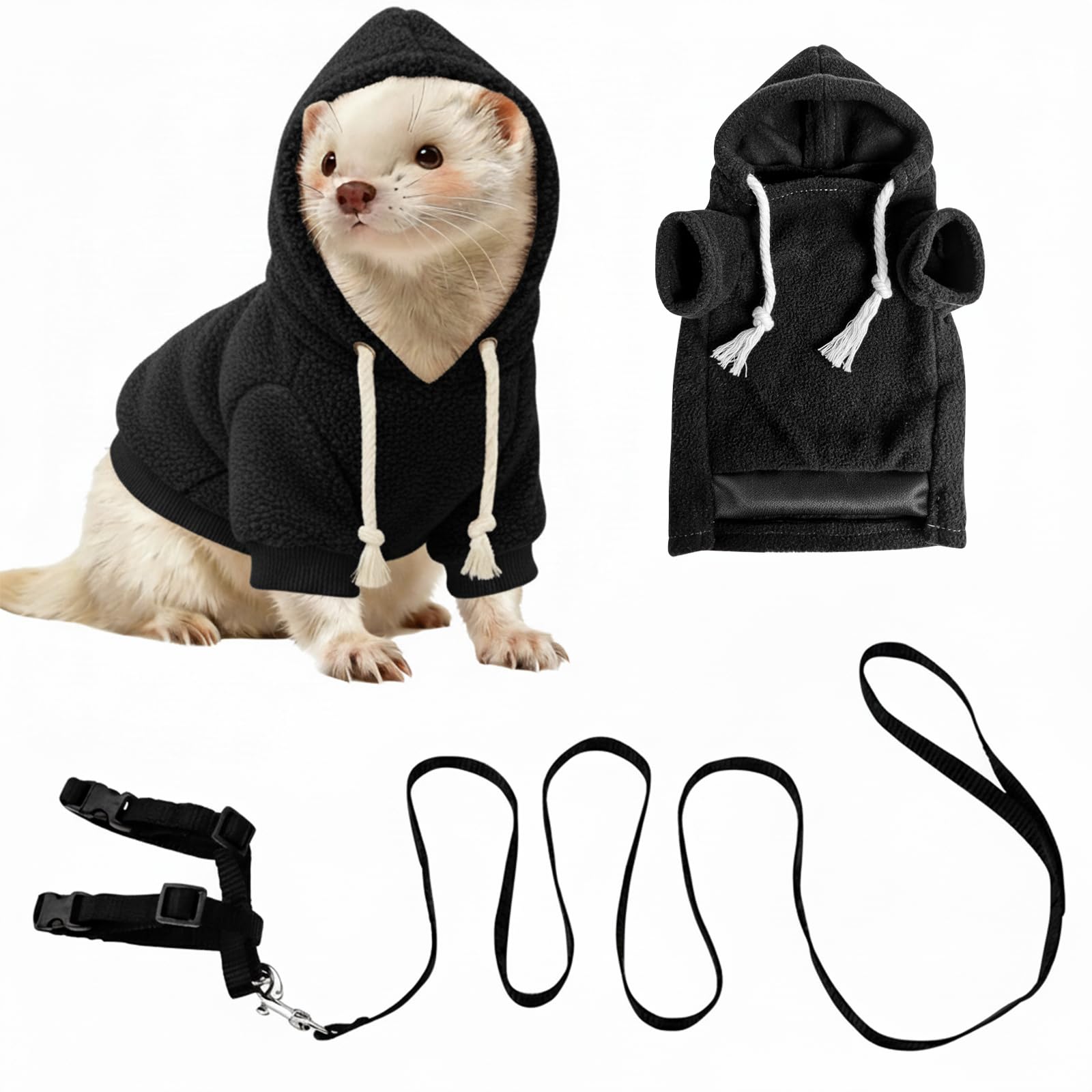 Ferret Clothes and Leash Set, Warm Hoodie Sweater with Harness and Leash for Out