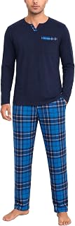 Bresdk Men's Winter Pyjamas Cotton Long Pyjamas Warm Cotton Two Piece Long Sleeves and Long Plaid Pants with Pockets Loungewear for Home S-3XL