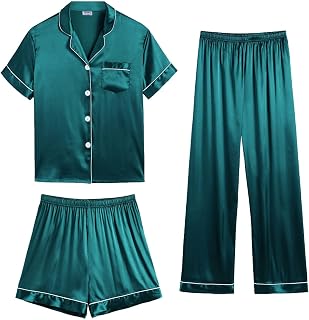 SWOMOG Womens Satin Pyjama Sets Ladies Silk Nightwear 3 Piece Short Sleeve Pj Button Down Sleepwear Set