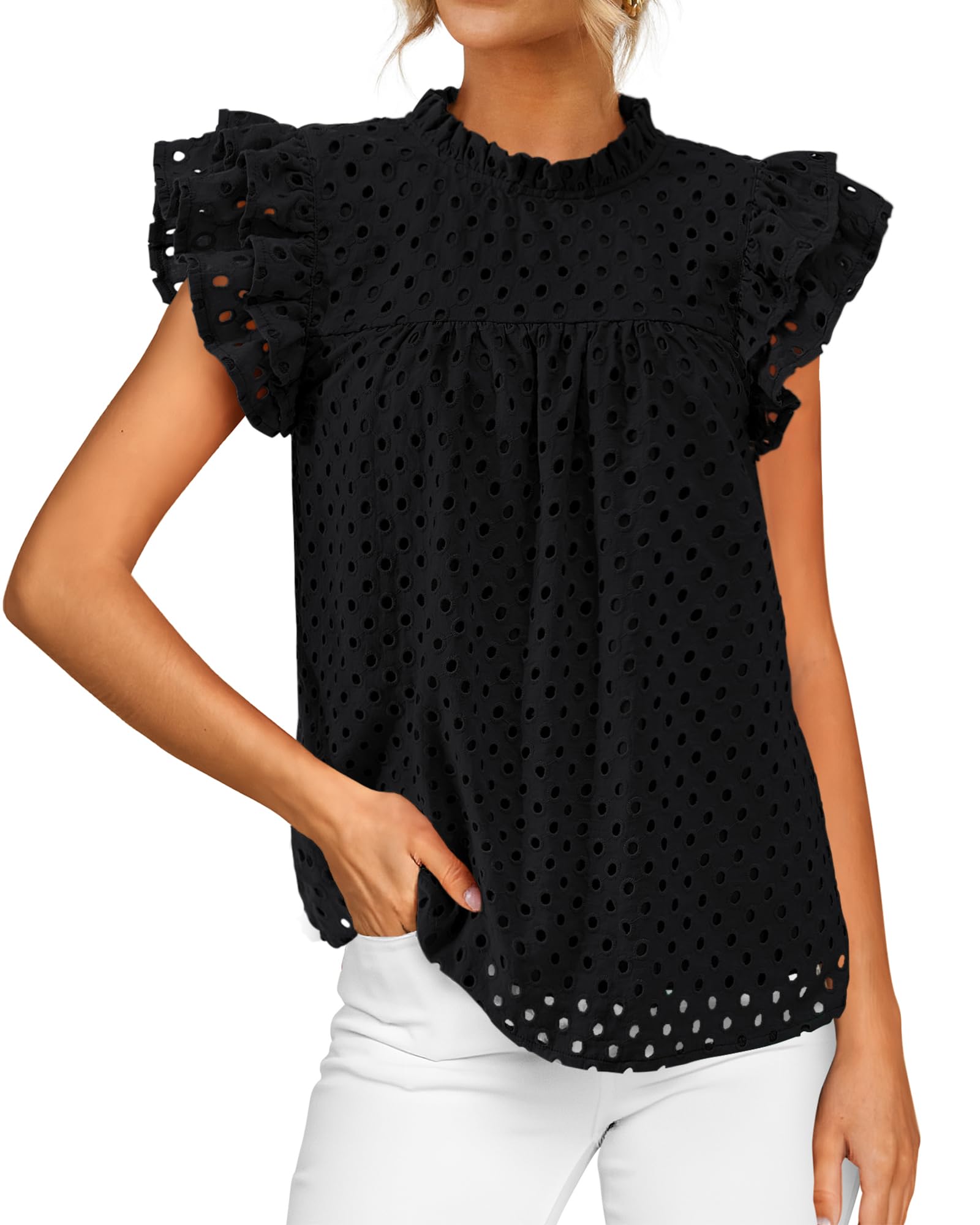BTFBM 2025 Women Casual Summer Short Ruffle Sleeve Shirt Crew Neck Lace Embroide