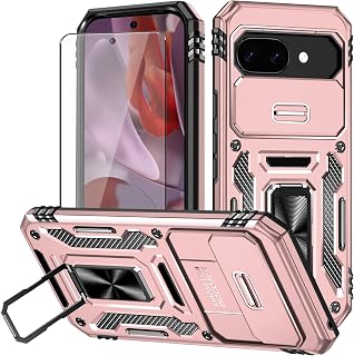 for Google Pixel 9a Case with Screen Protector and with Camera Cover, 360°Military Grade Rotatable Kickstand (Heavy Duty) Shockproof Protective, Case for Google Pixel 9a Rose Gold