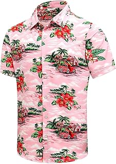 SheLucki Hawaiian Shirt for Men, Unisex Summer Beach Casual Short Sleeve Button Down Shirts, Printed Palmshadow Clothing