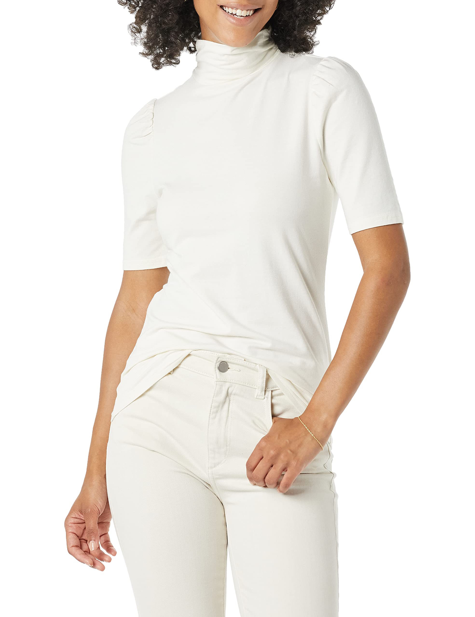 Amazon Essentials Women's Cotton Modal Draped Puff-Sleeved Turtleneck