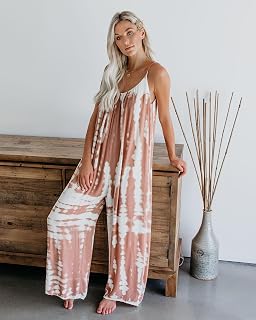 Women Tie Dye Jumpsuit Sleeveless Spaghetti Strap Wide Leg Romper Casual Summer Beach Vacation Outfits Blue