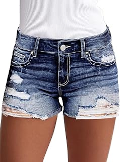 Flamingals Pantaloncini in jeans da donna a vita media, elasticizzati, strappati, orlo grezzo, curvy, estate, alla moda