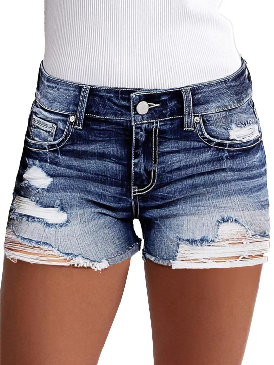 Flamingals Pantaloncini in jeans da donna a vita media, elasticizzati, strappati