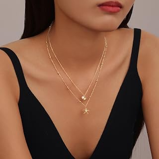 Evabelle Layered Necklace for Women 14K Gold Plated Cross Geometric Square Pendant Chain Layering Choker Necklace Stack Minimalist Jewelry Trendy Set