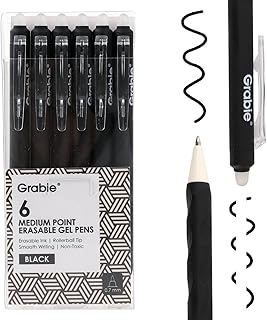 Grabie Erasable Gel Pens, 6 Black 0.7 mm Medium Point Pens