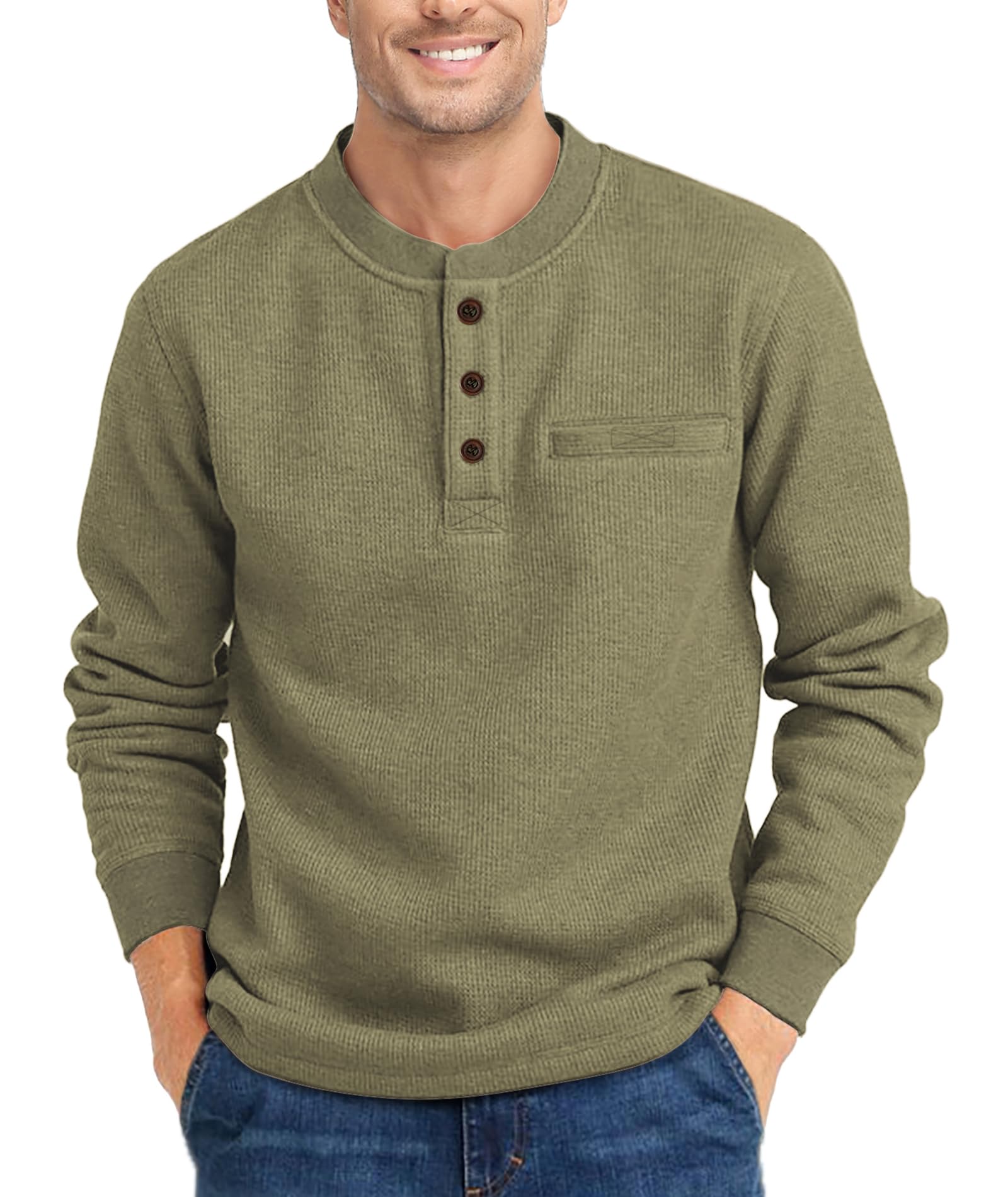 ZITY Men's Waffle Henley Long Sleeve Shirts with Pocket