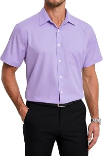 HISDERN Men's Shirt Short Sleeve Summer Lightweight Bamboo Fiber Dress Shirts Men Non Iron Casual Button Down Shirt Regular Fit with Pocket