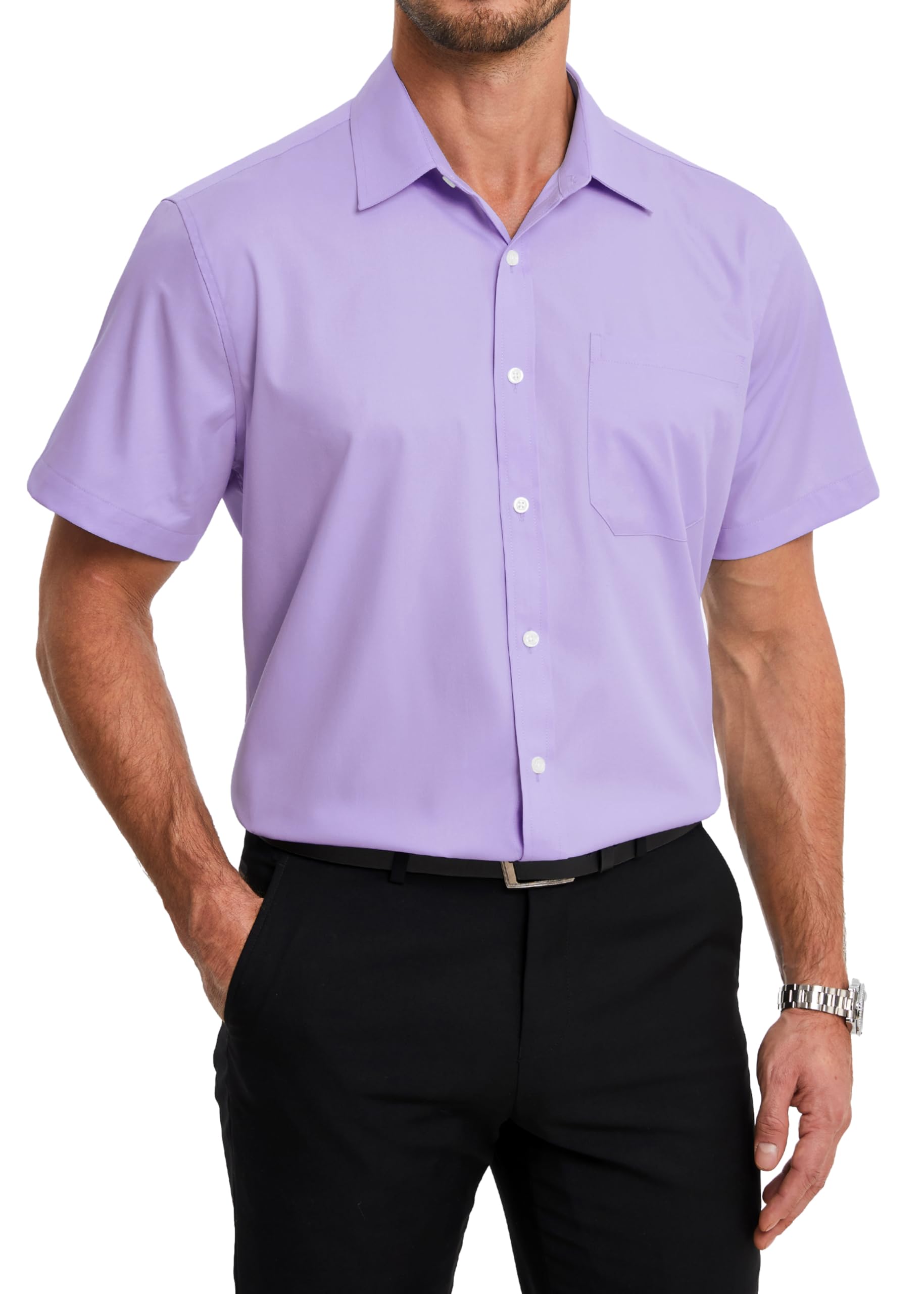 HISDERN Men's Shirt Short Sleeve Summer Lightweight Bamboo Fiber Dress Shirts Me