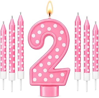 Amylove Pink Number 2 Birthday Candle Set for Girls - 3" Number Candle with 6 Polka Dot Candles, Cute Pink Princess & Cartoon Theme Cake Topper for Girl Birthday Party Decorations