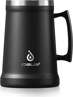 Ideus Insulated Beer Stein, 24/34oz Stainless Steel Double Walled Beer Mug Giant Bar Drinkware Metal Beer Cup with Big Grip Handle (Black, 34oz (1,000ml))