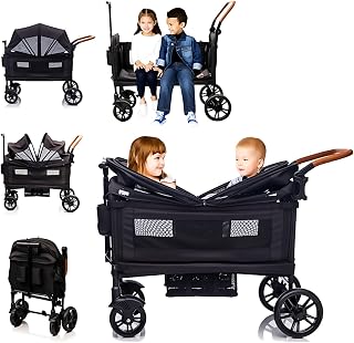 MRZLB Luxury Wagon Stroller for 2 Kids & Cargo-Lightweight Travel Stroller | Foldable Push Pull All-Terrain Double Wagon for 2 Toddlers, 5-Point Harness,Adjustable Handle,Canopy,Tray Table,Cup Holder
